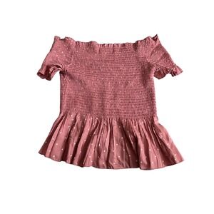 Japna Smocked Off Shoulder Polka Dot Peplum Top Women's Size M Rose Pink A879
